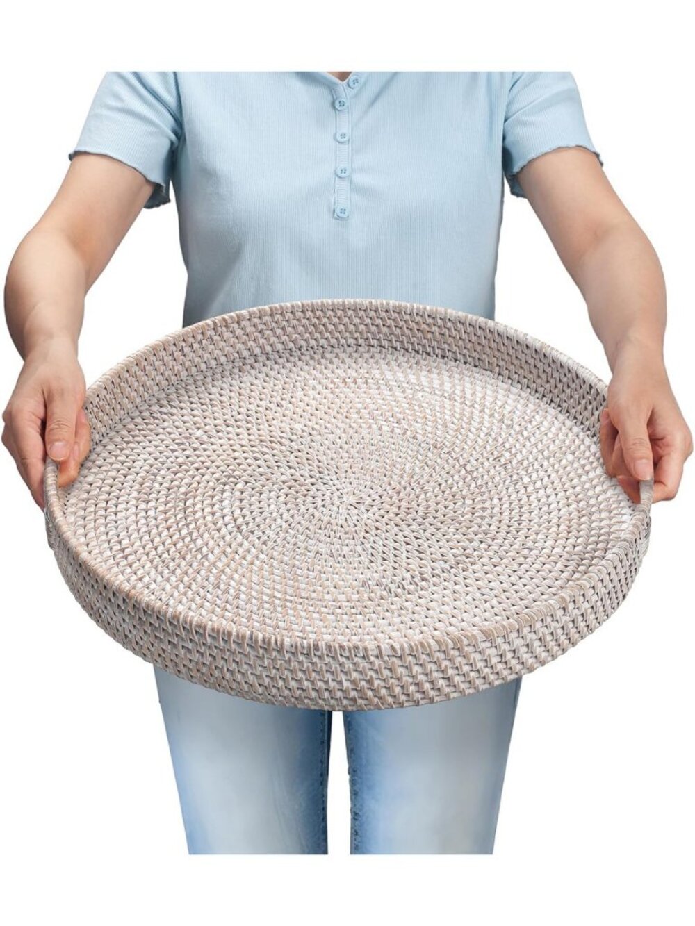 Large 16.9" Round Woven Rattan Tray with Handles - Stylish Serving Basket